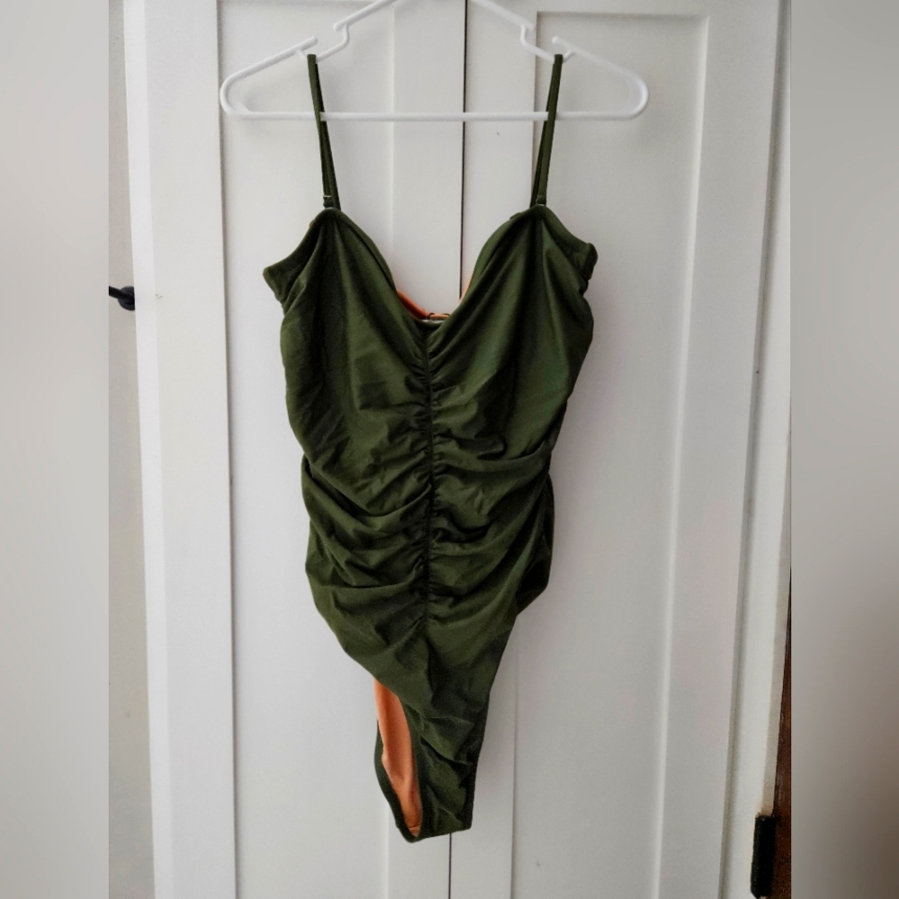 J. Crew Ruched Sweetheart One Piece UPF 50 Swimsuit Safari Green Size 16